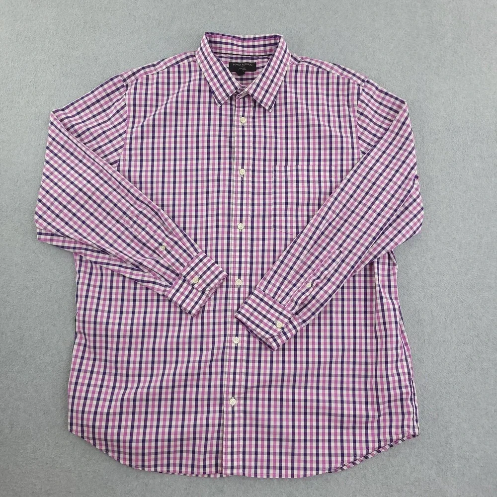 Banana Republic Dress Shirt Mens 2XL Purple Red Gingham Check Non Iron Lot Of 2